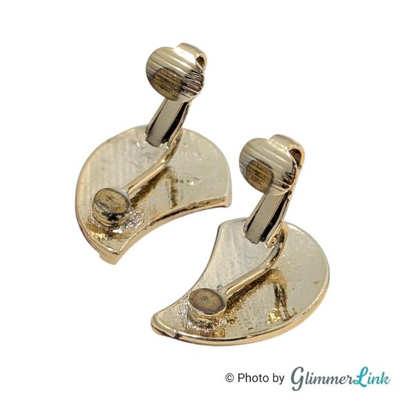 Vintage 80s Crescent Teardrop Red Enamel Gold Tone Clip On Earrings - Picture 7 of 10